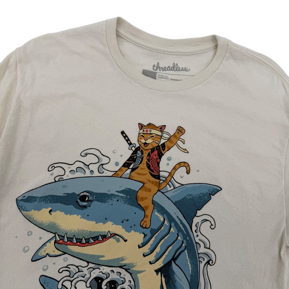 Threadless Men's Medium‎ T-Shirt Cat Ninja Riding Shark Graphic Tee